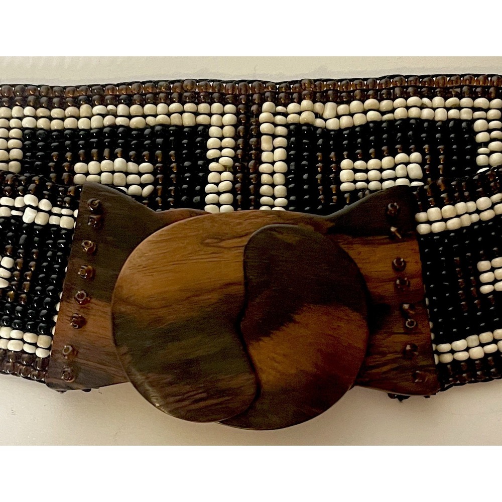 Boho Beaded Stretch Belt Brown White interlocking Wood Buckle Elastic Waist 27" - Picture 3 of 6